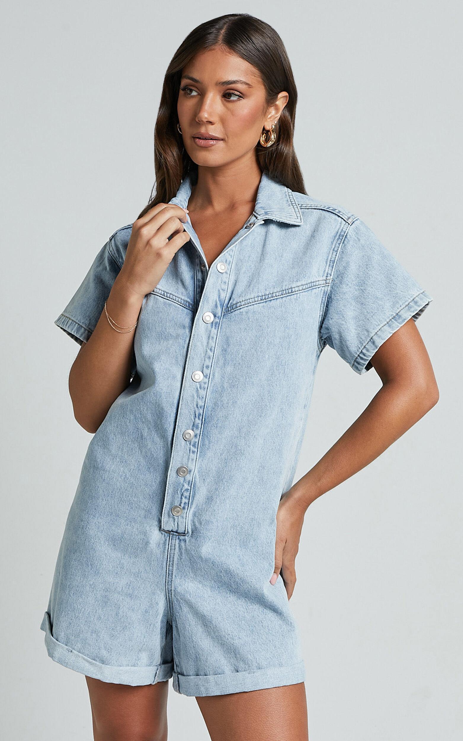 Reid Playsuit - Button Through Denim Playsuit in Light Blue Wash Product Image