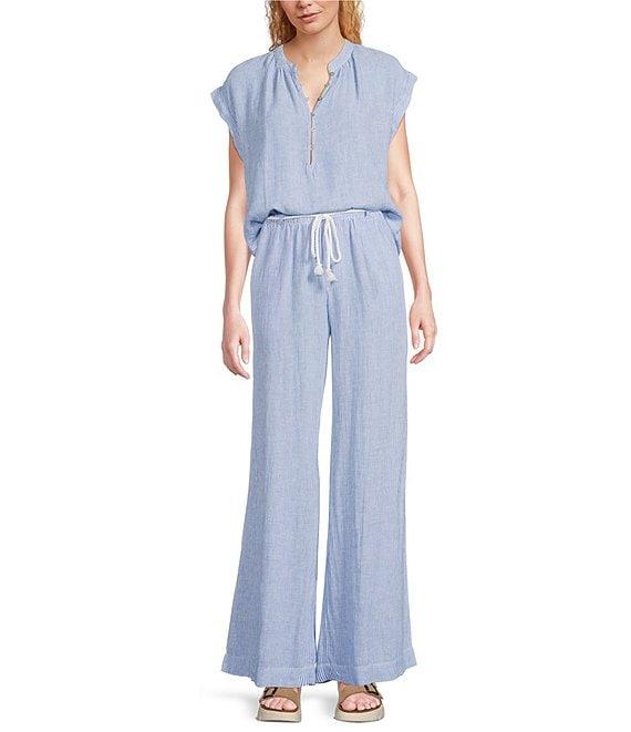 Cloth & Stone Stripe Linen Blend Ruffled Waistband Wide Leg Pants Product Image