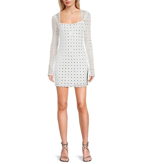 B. Darlin Power Mesh Allover Rhinestone Long Sleeves Square Neck Dress Product Image