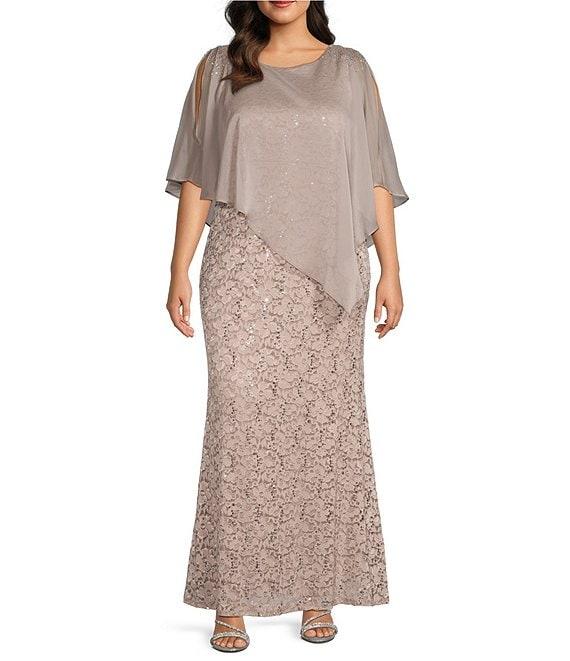 Ignite Evenings Plus Size Short Sleeve Round Neck Beaded Sequin Floral Lace Caplet Gown Product Image