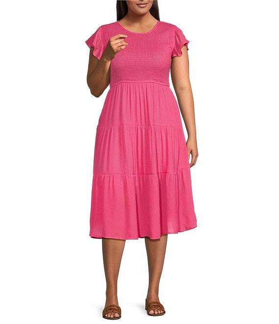 Perch By Blu Pepper Plus Short Flutter Sleeve Smocked Tiered Midi Dress Product Image