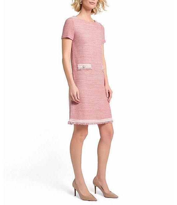 MISOOK Melange Knit Round Neck Short Sleeve Fringe Trim Shift Dress Product Image