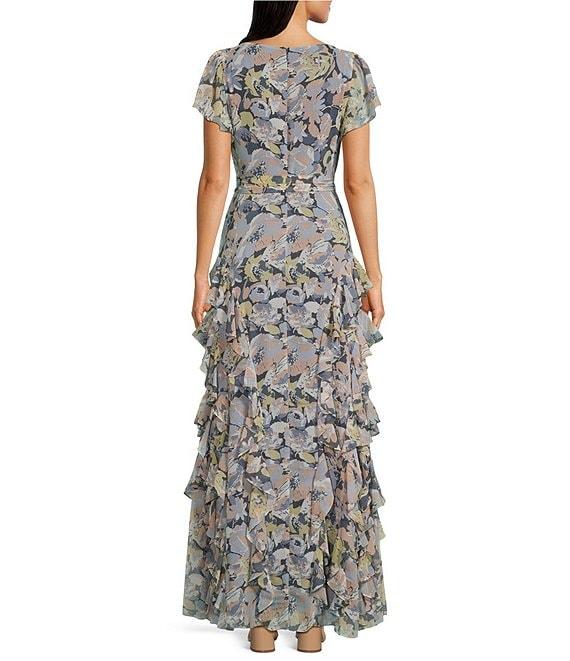 Lauren Ralph Lauren Floral Georgette V-Neck Short Flutter Sleeve Ruffle A-Line Gown Product Image