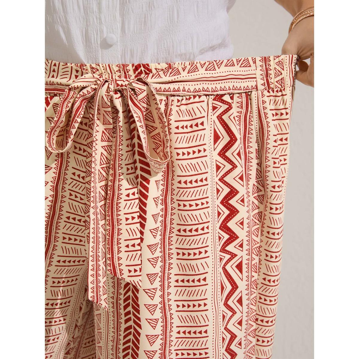 Plus Size Waist-Tie Wide-Leg Boho Print Pants Women Rust Casual Wide Leg Mid Rise Everyday-Casual Pants BloomChic 18-20/2X Product Image
