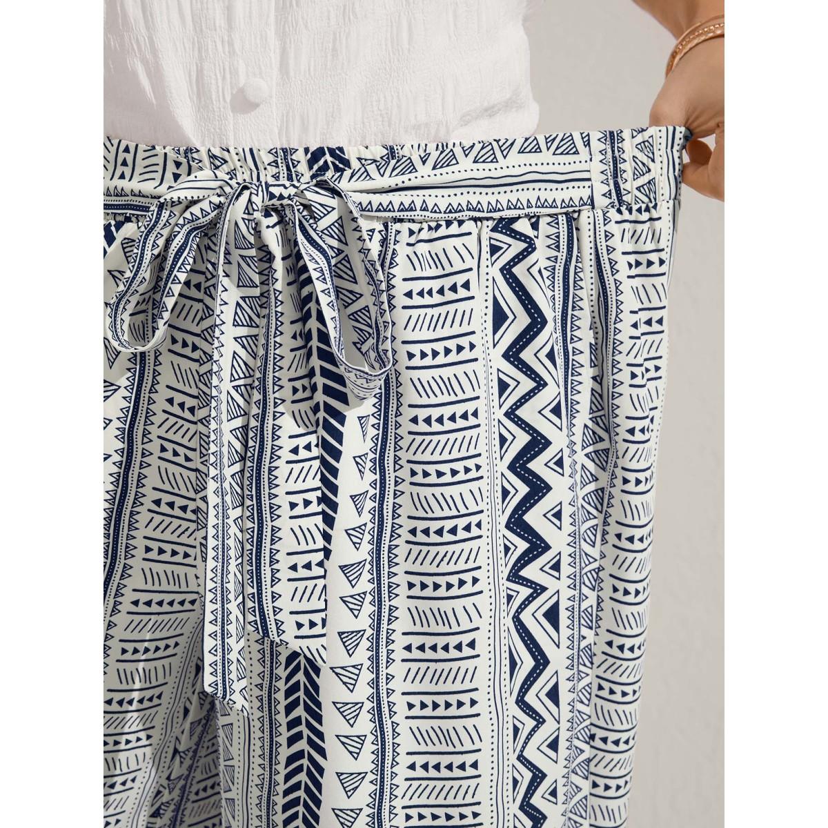Plus Size Waist-Tie Wide-Leg Boho Print Pants Women LightBlue Leisure Wide Leg Mid Rise Casual Pants BloomChic 26/4X Product Image