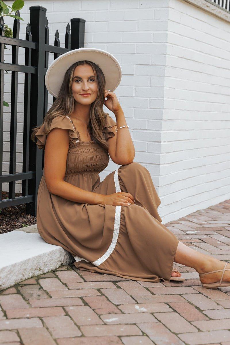Brown Contrast Flutter Sleeve Midi Dress - FINAL SALE Female Product Image