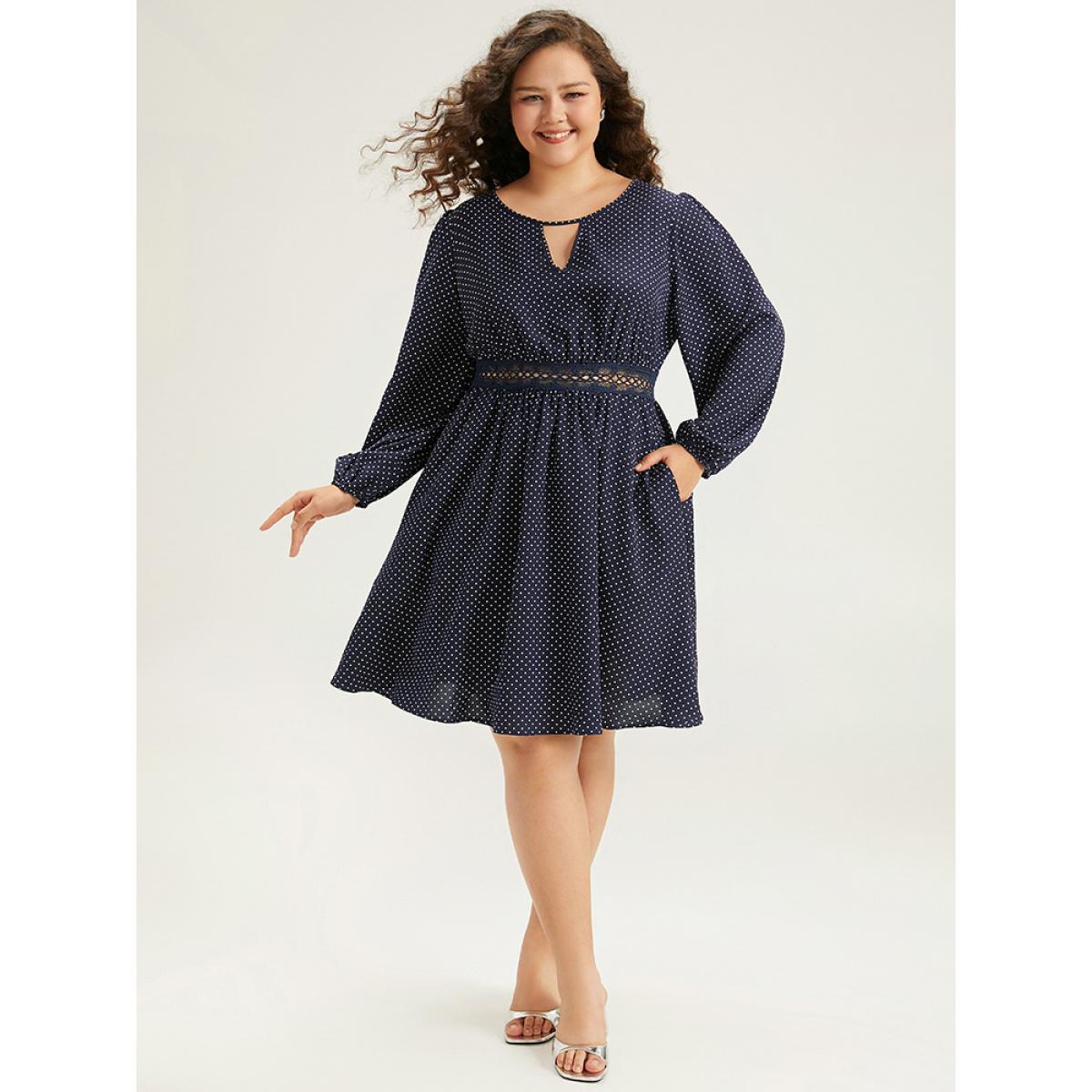 Plus Size Polka Dot Keyhole Lace Panel Dress Indigo Women Office Elastic cuffs Keyhole Cut-Out Long Sleeve Curvy Knee Dress BloomChic 14-16/1X Product Image