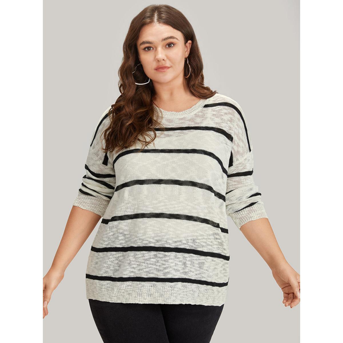 Plus Size Striped Drop Shoulder Lightweight Loose Pullover Beige Women Casual Loose Long Sleeve Round Neck Everyday Pullovers BloomChic 14-16/1X Product Image