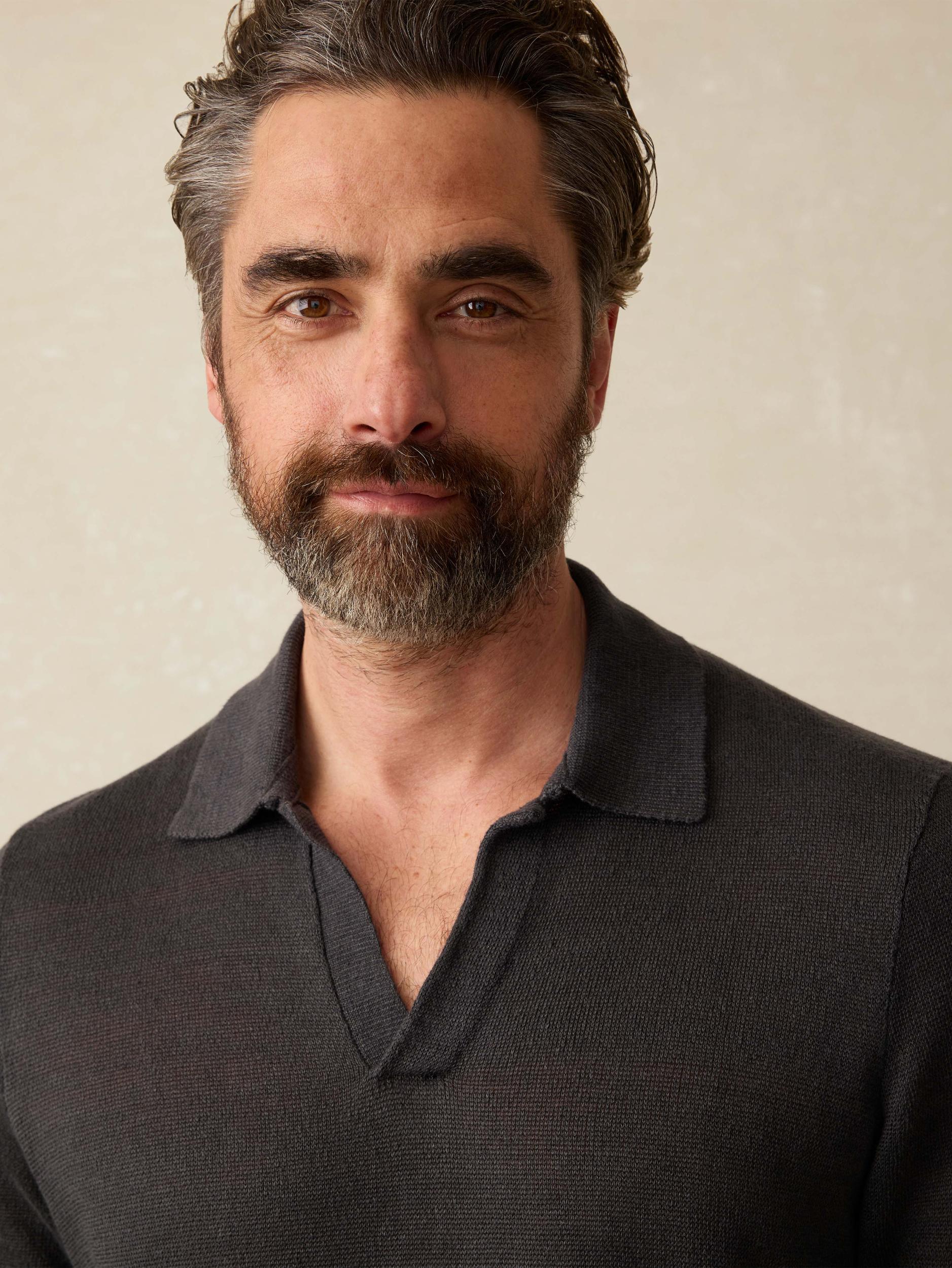 Short-Sleeve Linen Sweater Polo - Mountain Black Male Product Image