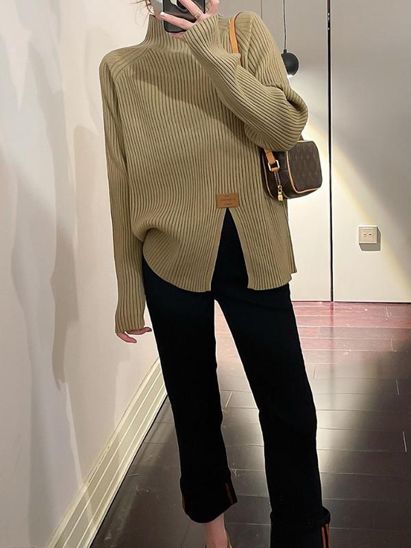 Long Sleeves Loose Split-Front Mock Neck Pullovers Sweater Tops Product Image