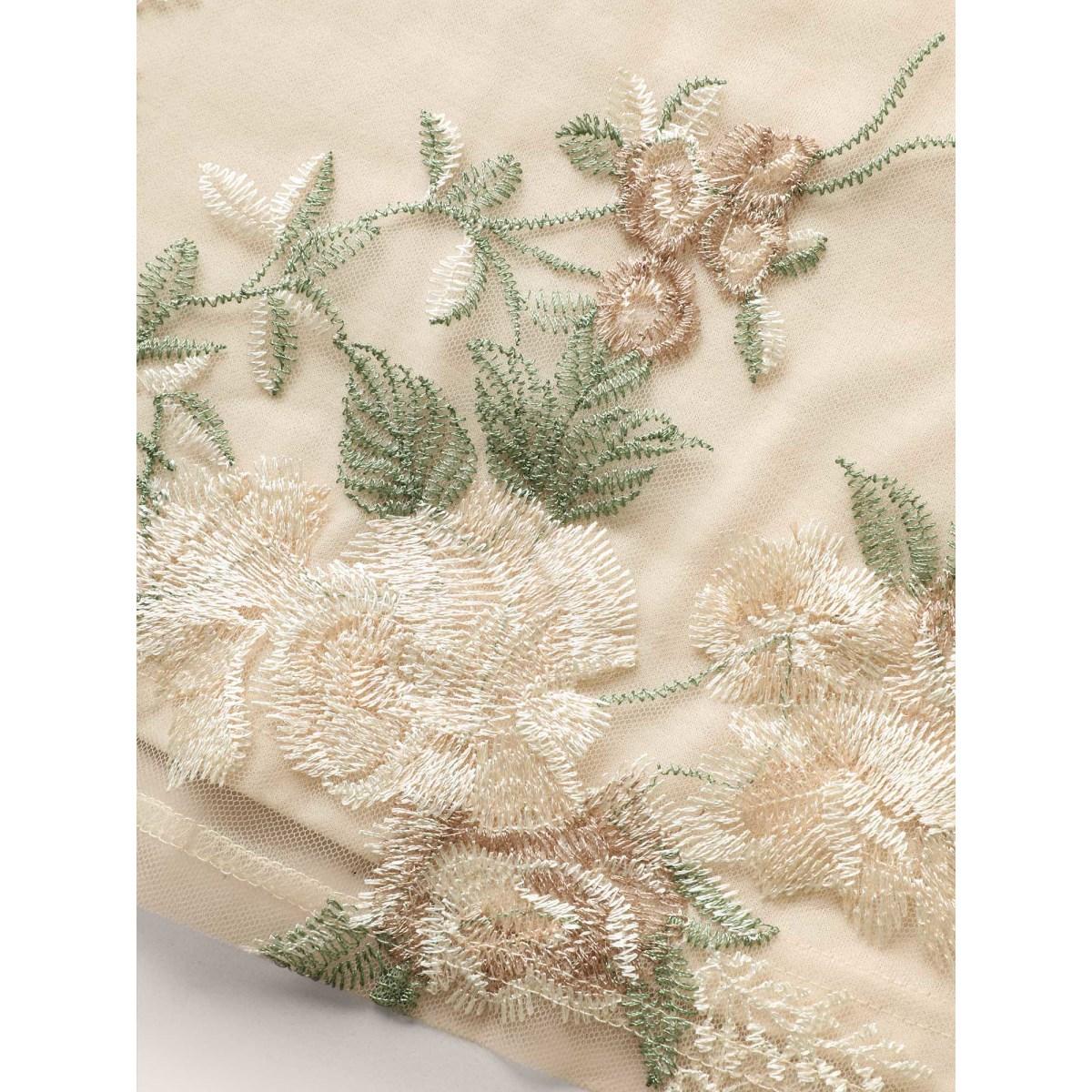 Plus Size Floral Mesh Embroidered Pompom Trim T-shirt Beige Women Elegant Contrast Natural Flowers V-neck Everyday T-shirts BloomChic 18-20/2X Product Image