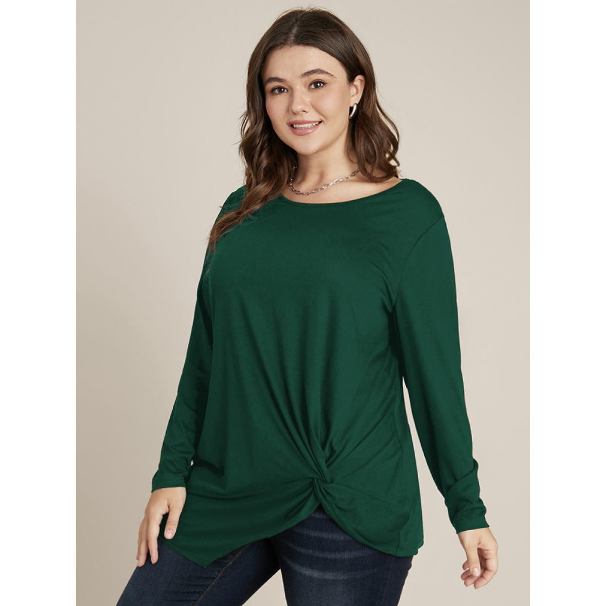 Plus Size Solid Round Neck Twist Front Long Tee DarkGreen Women Elegant Plain Plain Round Neck Dailywear T-shirts BloomChic 10/M Product Image