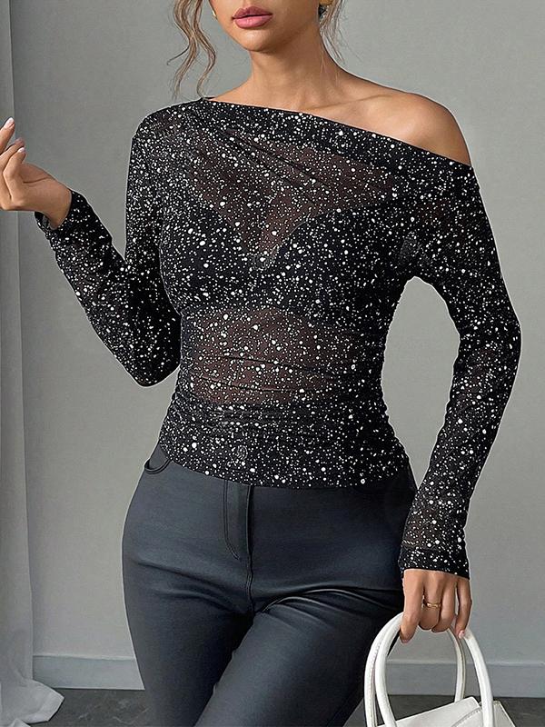 Long Sleeves Skinny Rhine Stones See-Through One-Shoulder T-Shirts Tops Product Image