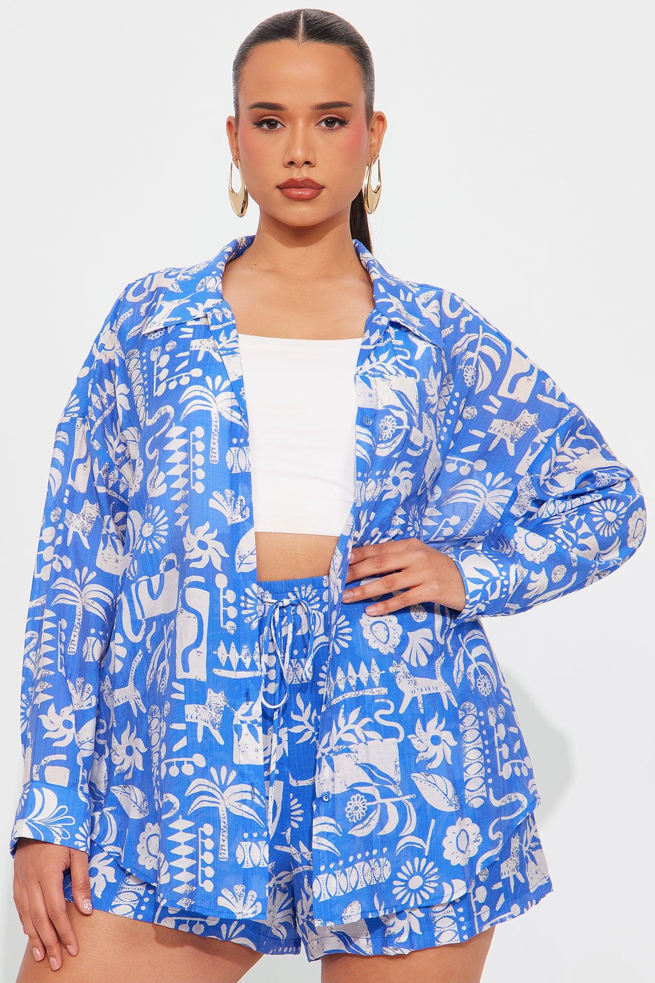 Ocean Breeze Linen Short Set - Blue/combo Product Image