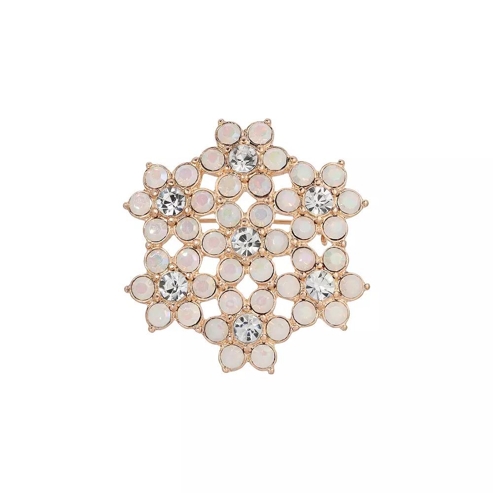 1928 Gold Tone Simulated White Opal Crystal Flower Brooch, Women's Product Image