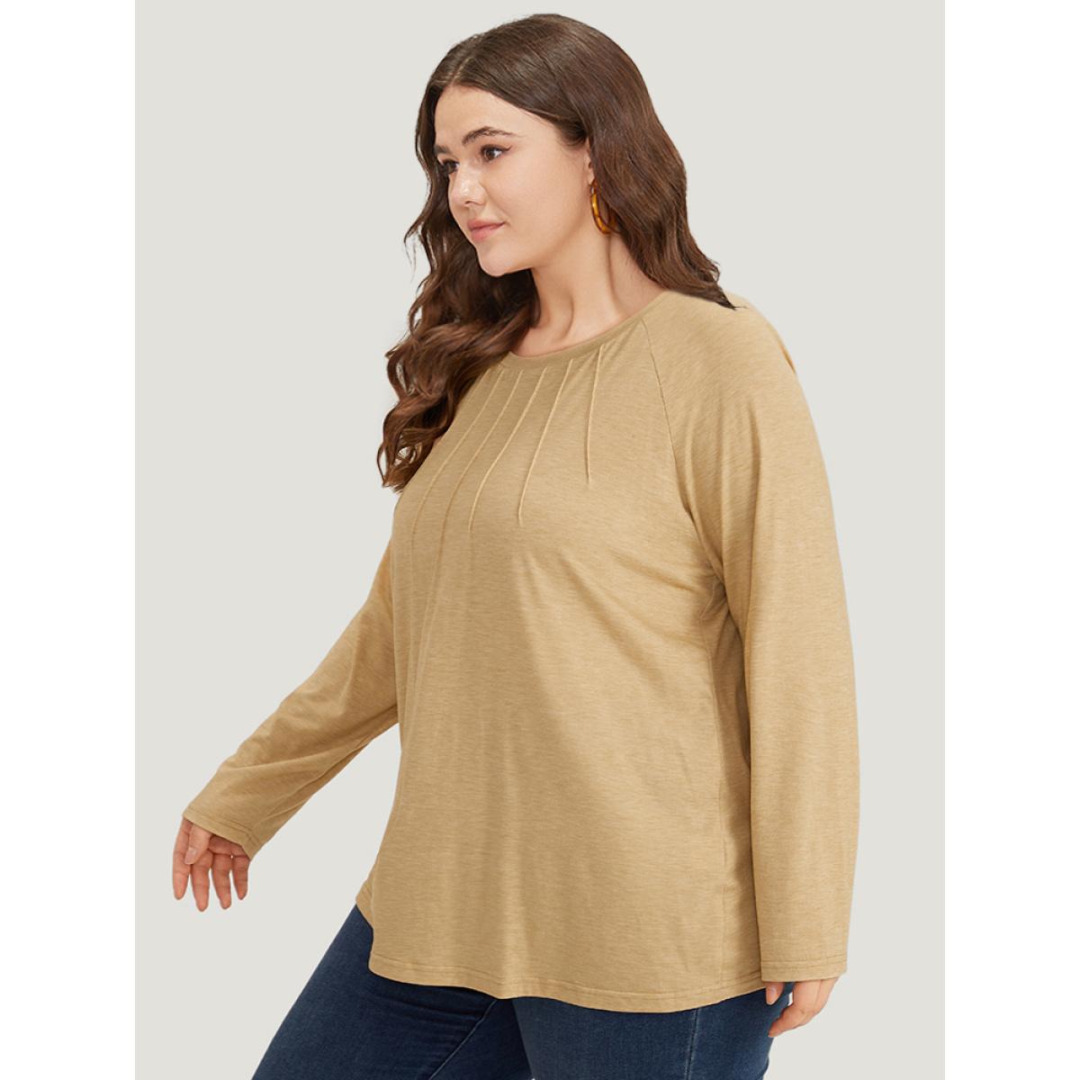 Plus Size Solid Pleated Raglan Sleeve Crew Neck T-shirt Tan Women Casual Plain Plain Round Neck Dailywear T-shirts BloomChic 12/L Product Image