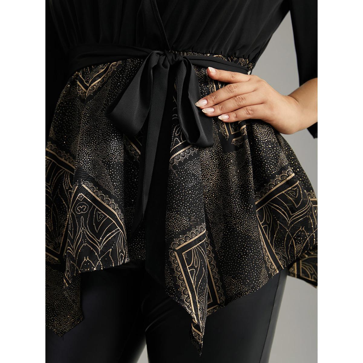 Plus Size Black Boho Print Chiffon Belted Patchwork Hanky Hem Blouse Women Glamour Elbow-length sleeve V-neck Going out Blouses BloomChic 22-24/3X Product Image