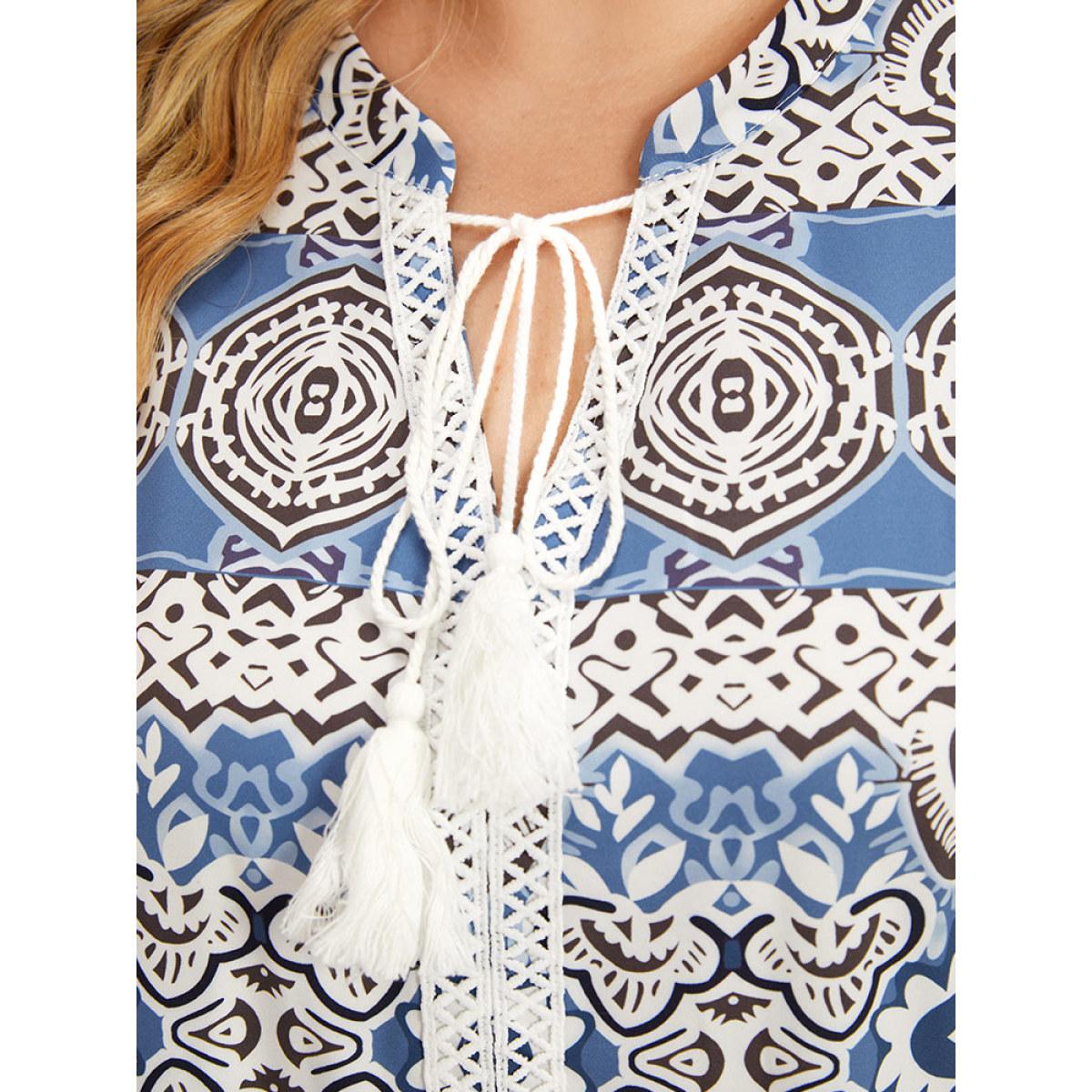 Plus Size Bandana Print Contrast Tassels Trim Ties Notched Dress Red Women Vacation Tassels Notched collar Elbow-length sleeve Curvy Midi Dress BloomChic 18-20/2X Product Image