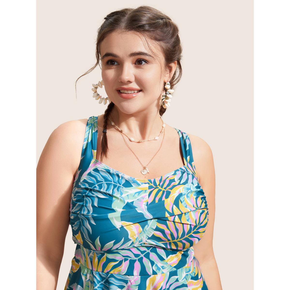 Plus Size Heart Neckline Tropical Print Twist Front Swim Dress Women's Swimwear Cyan Beach Bodycon Heart neckline High stretch Curve Swim Dresses BloomChic 14-16/1X Product Image