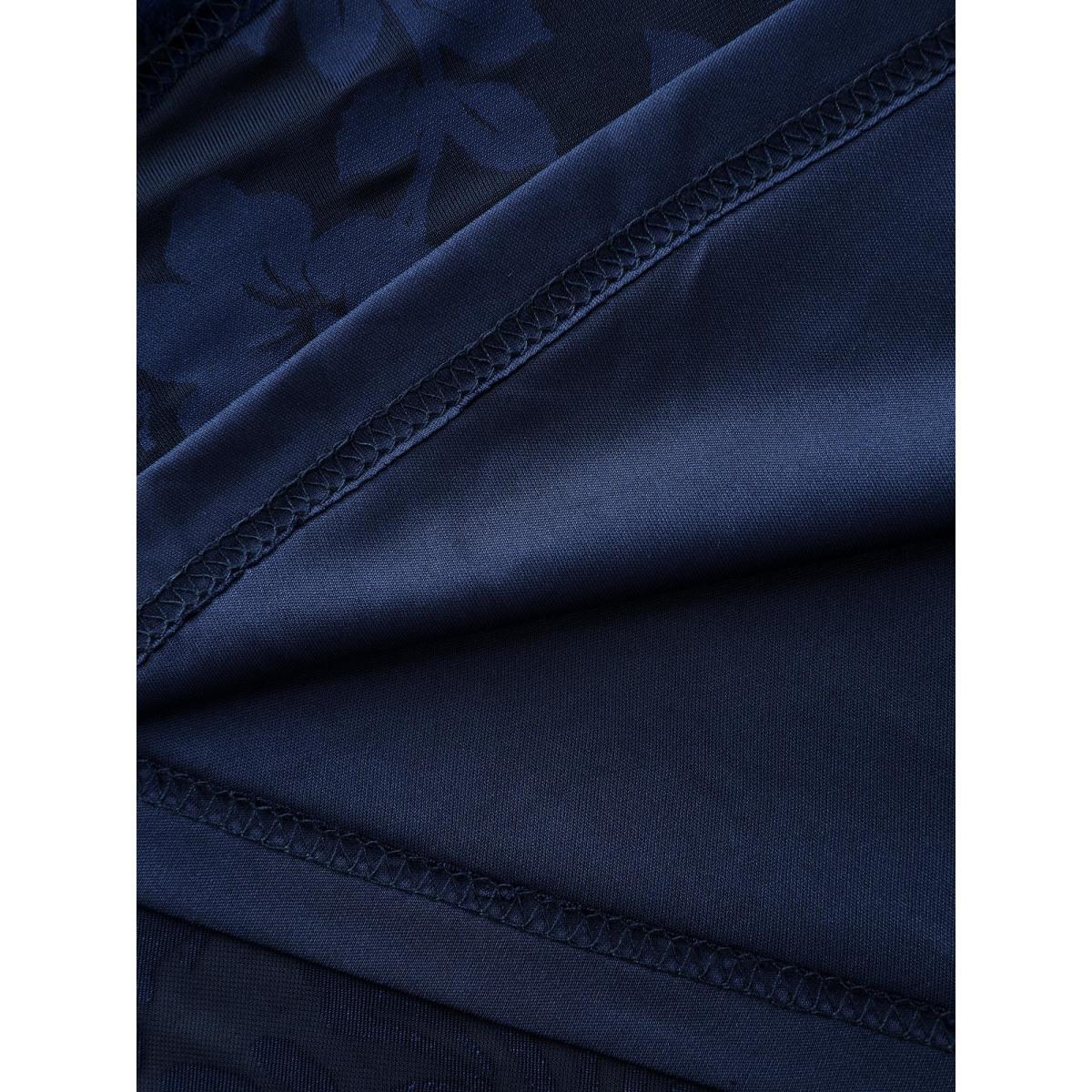 Plus Size Flocked Laser Cut Pleated Waist Midi Dress DarkBlue Women Romantic V-neck Short sleeve Curvy BloomChic 10/M Product Image