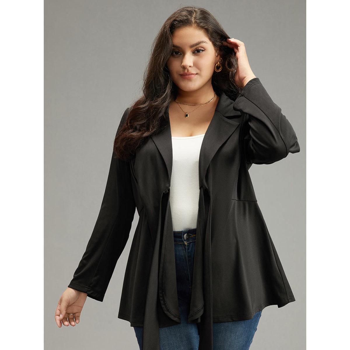 Plus Size Suit Collar Knot Ruffle Hem Blazer DarkGreen Women Work Plain Plain Sleeve Long Sleeve Suit Collar 12/L Work From Home Blazers BloomChic Product Image