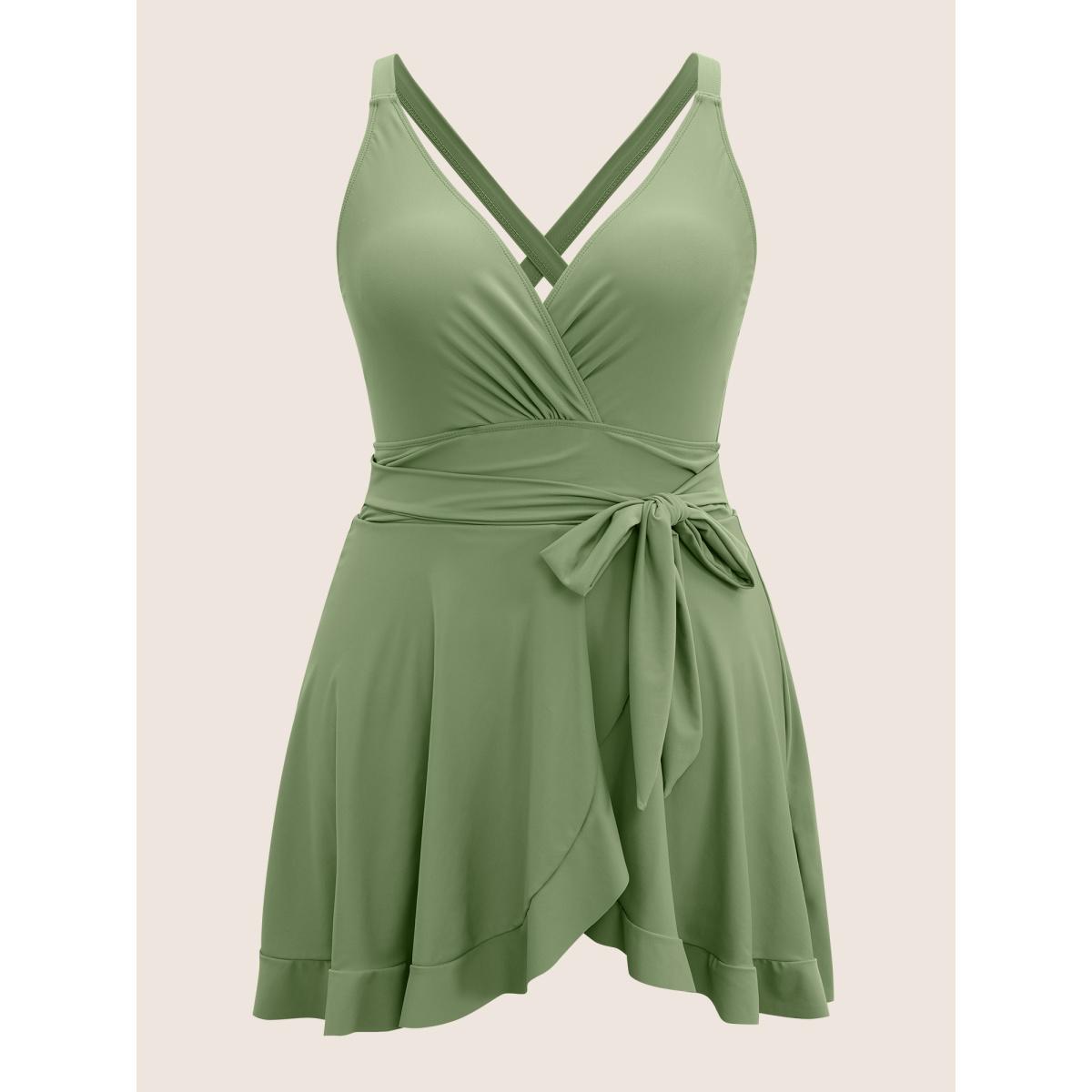 Plus Size Plain Ties Wrap Flutters Swim Dress Women's Swimwear Moss Resort Bodycon Overlap Collar High stretch Curve Swim Dresses BloomChic 10/M Product Image