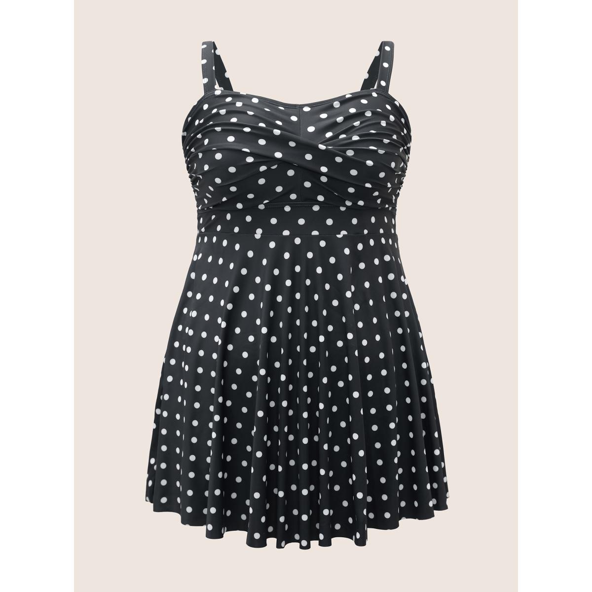 Plus Size Polka Dot Ruched Fit Flare Swim Dress Women's Swimwear Black Beach Bodycon Strapless High stretch Curve Swim Dresses BloomChic 28/5X Product Image
