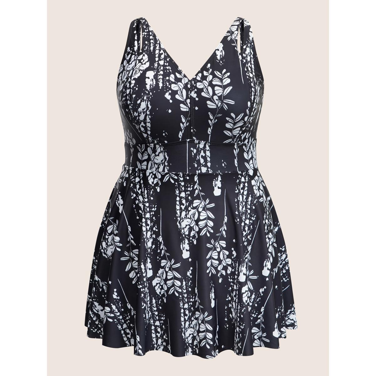 Plus Size Plants Print Adjustable Straps Cut Out Swim Dress Women's Swimwear Black Beach Bodycon V-neck High stretch Curve Swim Dresses BloomChic 28/5X Product Image