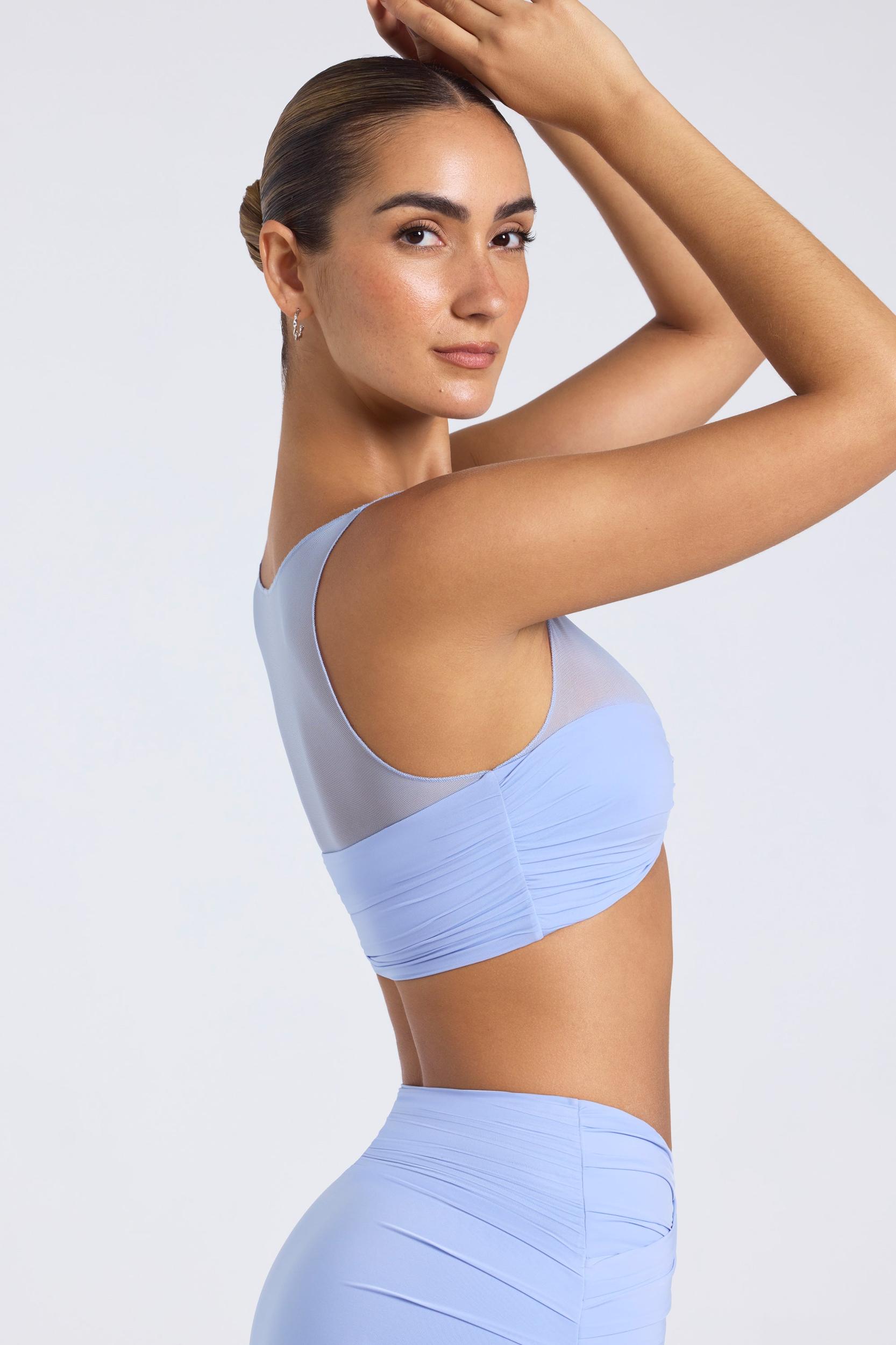 Sheer Panelled Ruched Crop Top in Periwinkle Blue Product Image