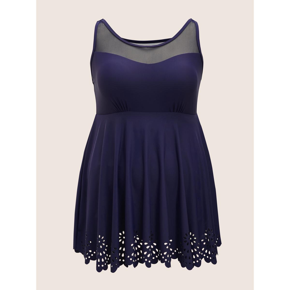 Plus Size Solid Mesh Patchwork Laser Cut Swim Dress Women's Swimwear Indigo Beach Bodycon Round Neck High stretch Curve Swim Dresses BloomChic 10/M Product Image
