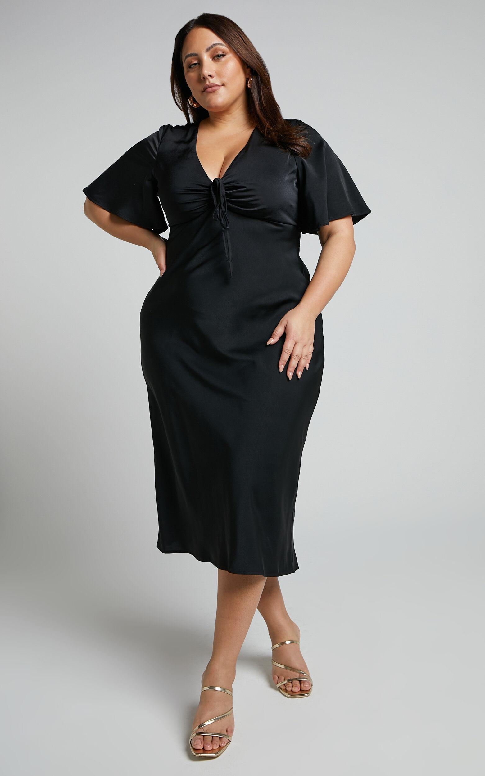 Nicholla Midi Dress - Ruched Front Angel Sleeve Slip Dress in Black Product Image