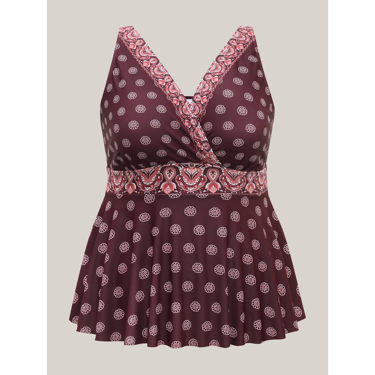 Plus Size Boho Print Surplice Neck Swim Top Women's Swimwear Plum Resort Patchwork High stretch Bodycon Overlap Collar Curve Swim Tops BloomChic 30/6X Product Image