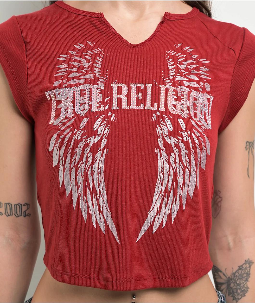 True Religion Crystal Wing Notch Rib Red Crop T-Shirt Product Image