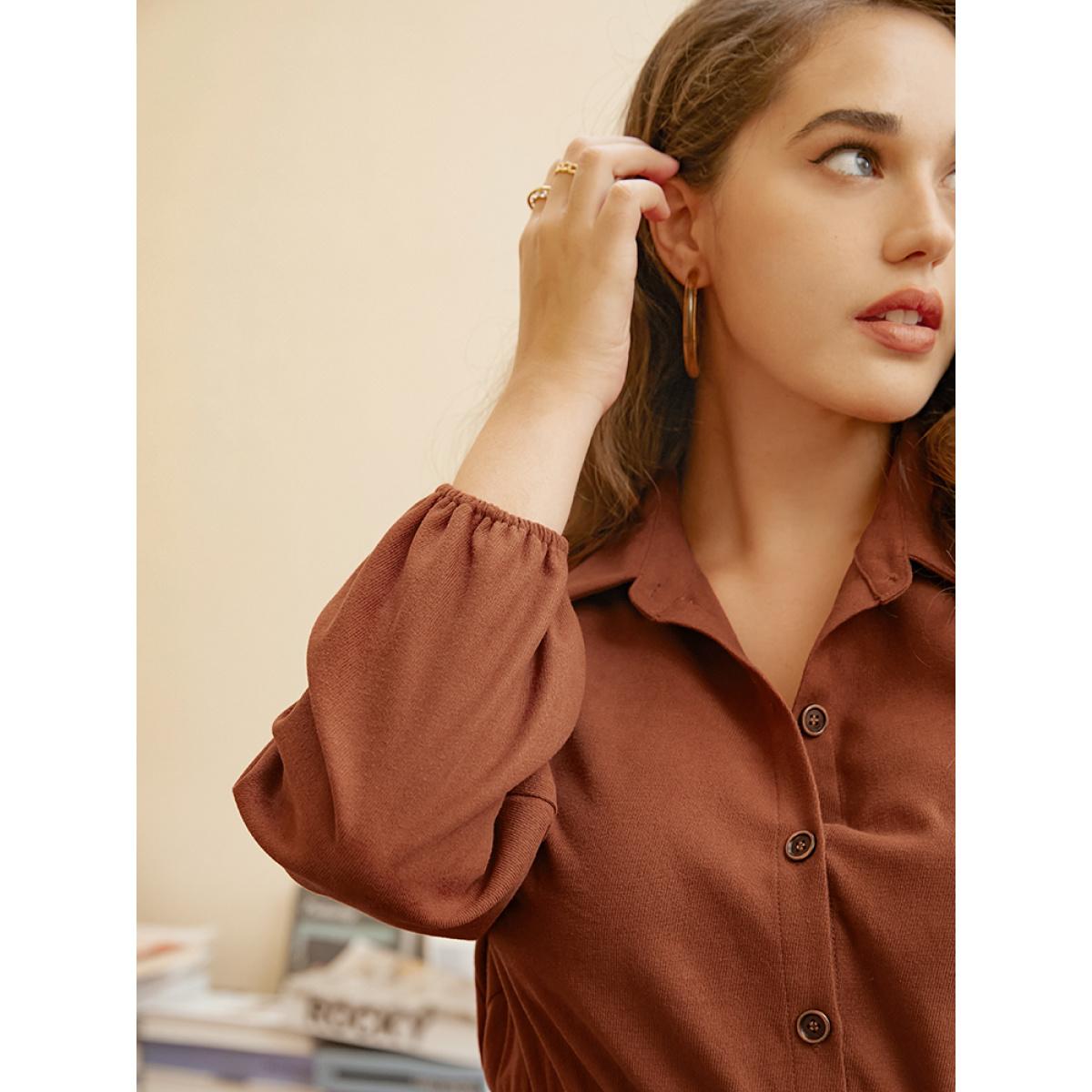 Plus Size Solid Tie Up Shirt Collar Pocket Button Detail Corduroy Dress Chocolate Women Office Button Shirt collar Long Sleeve Curvy Midi Dress BloomChic 10/M Product Image
