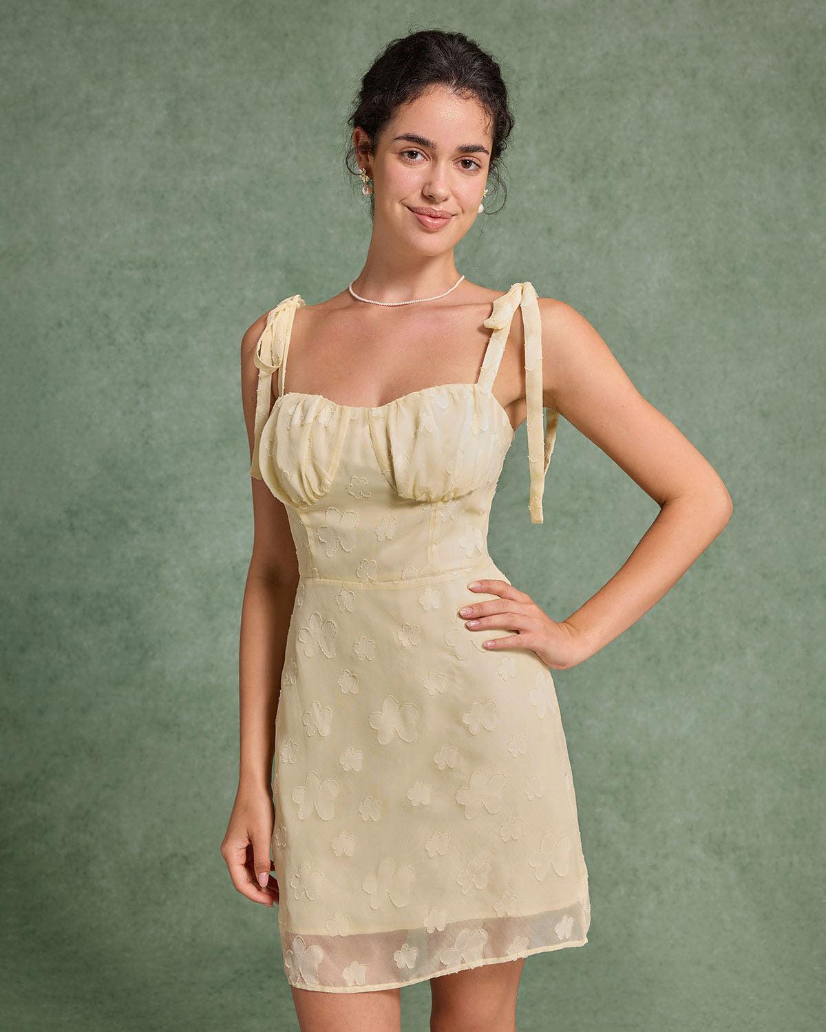 Yellow Jacquard Tie Strap Mini Dress Product Image