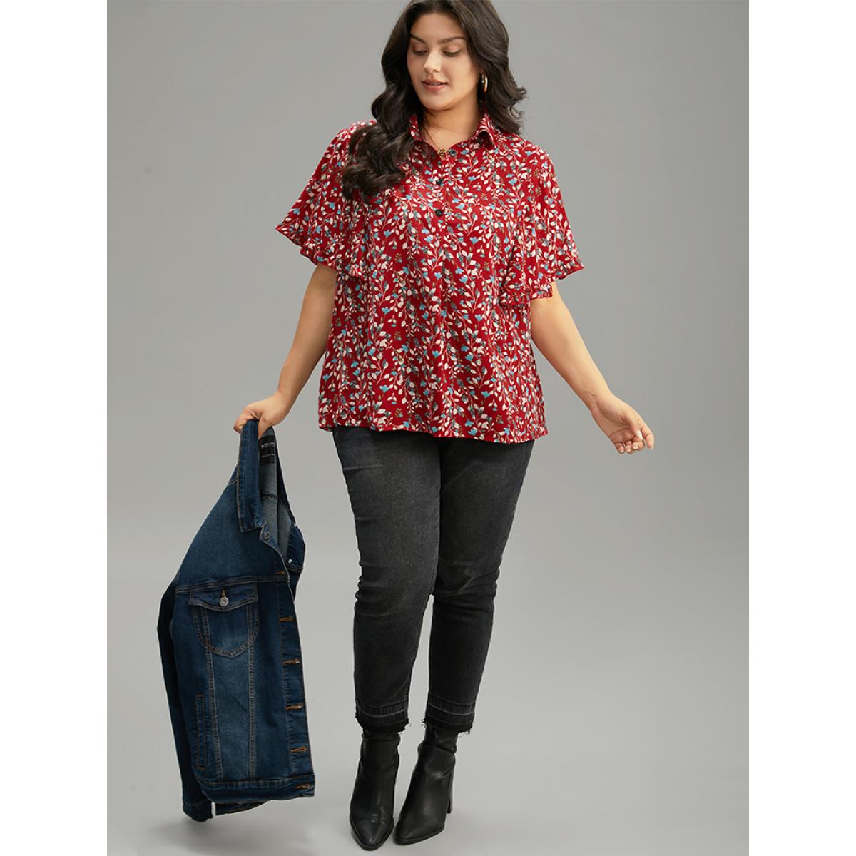 Plus Size Maroon Ditsy Floral Shirt Collar Button Through Ruffle Sleeve Blouse Women Elegant Short sleeve Shirt collar Dailywear Blouses BloomChic 22-24/3X Product Image