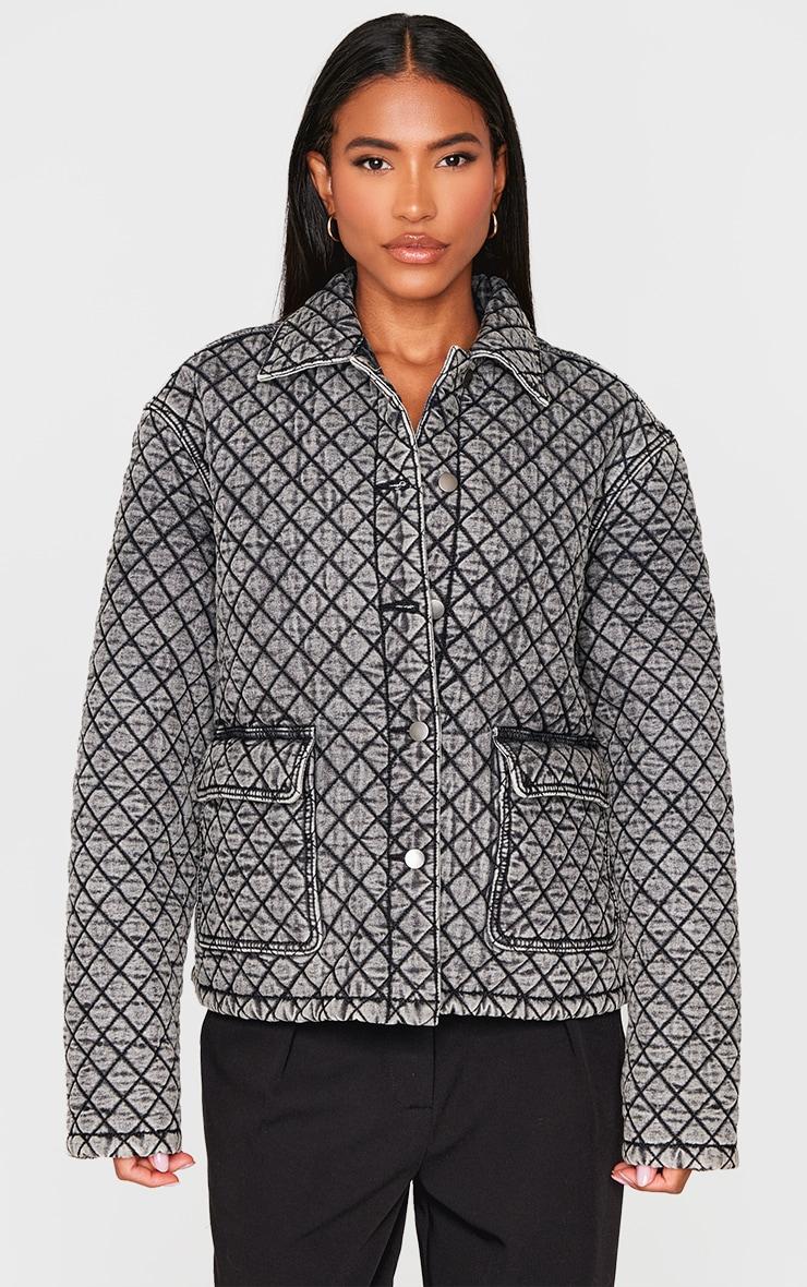 Grey Quilted Effect Pocket Detail Denim Coat Product Image