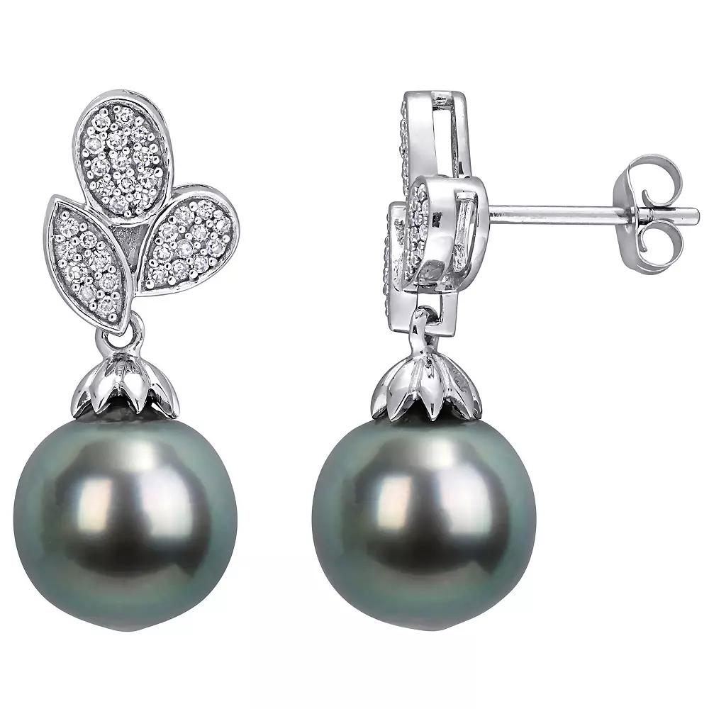 Stella Grace 10k White Gold Tahitian Cultured Pearl & 1/5 Carat T.W. Diamond Floral Drop Earrings, Womens Product Image