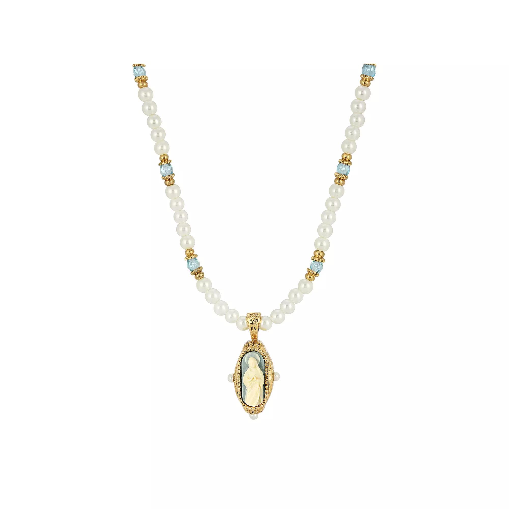 Symbols of Faith Pearl and Aqua Beaded Necklace with Blue Mary Cameo, Womens Product Image