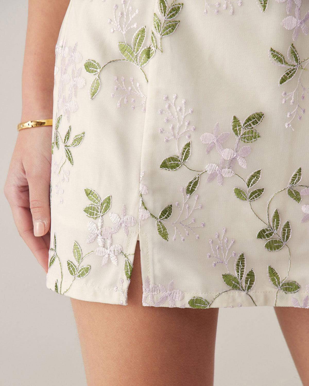 Beige Floral Straight Mini Skirt Product Image