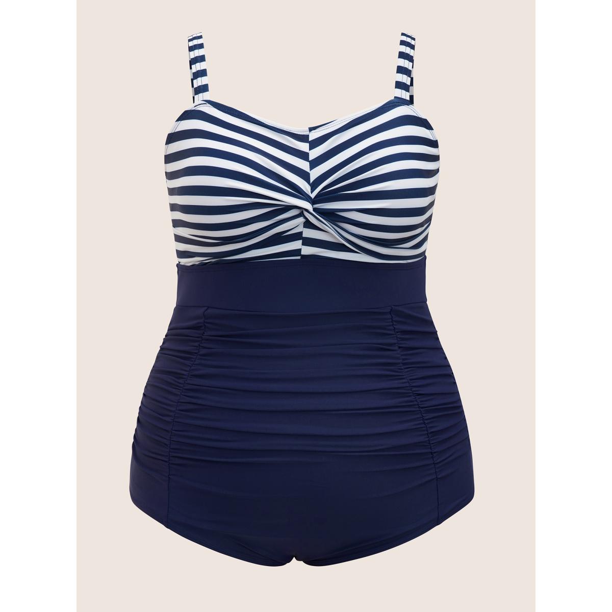 Plus Size Striped Patchwork Twist Front One Piece Swimsuit Women's Swimwear Indigo Beach Twist Curve Bathing Suits High stretch One Pieces BloomChic 28/5X Product Image