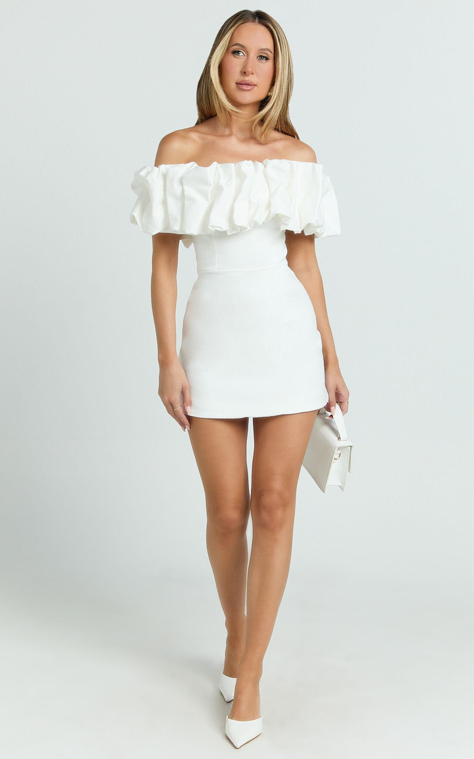Coraline Mini Dress - Ruffle Off Shoulder Fitted Dress in White Product Image