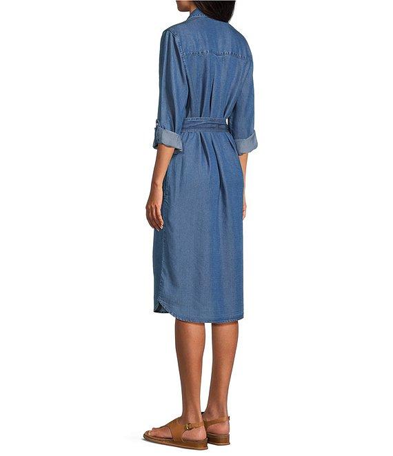 Allison Daley Petite Light Indigo Wash Long Roll-Tab Sleeve Point Collar Neck Lyocell Denim Midi Shirt Dress Product Image
