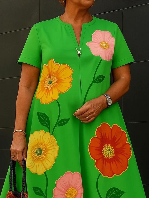 A-Line Loose Flower Print V-Neck Midi Dresses Product Image