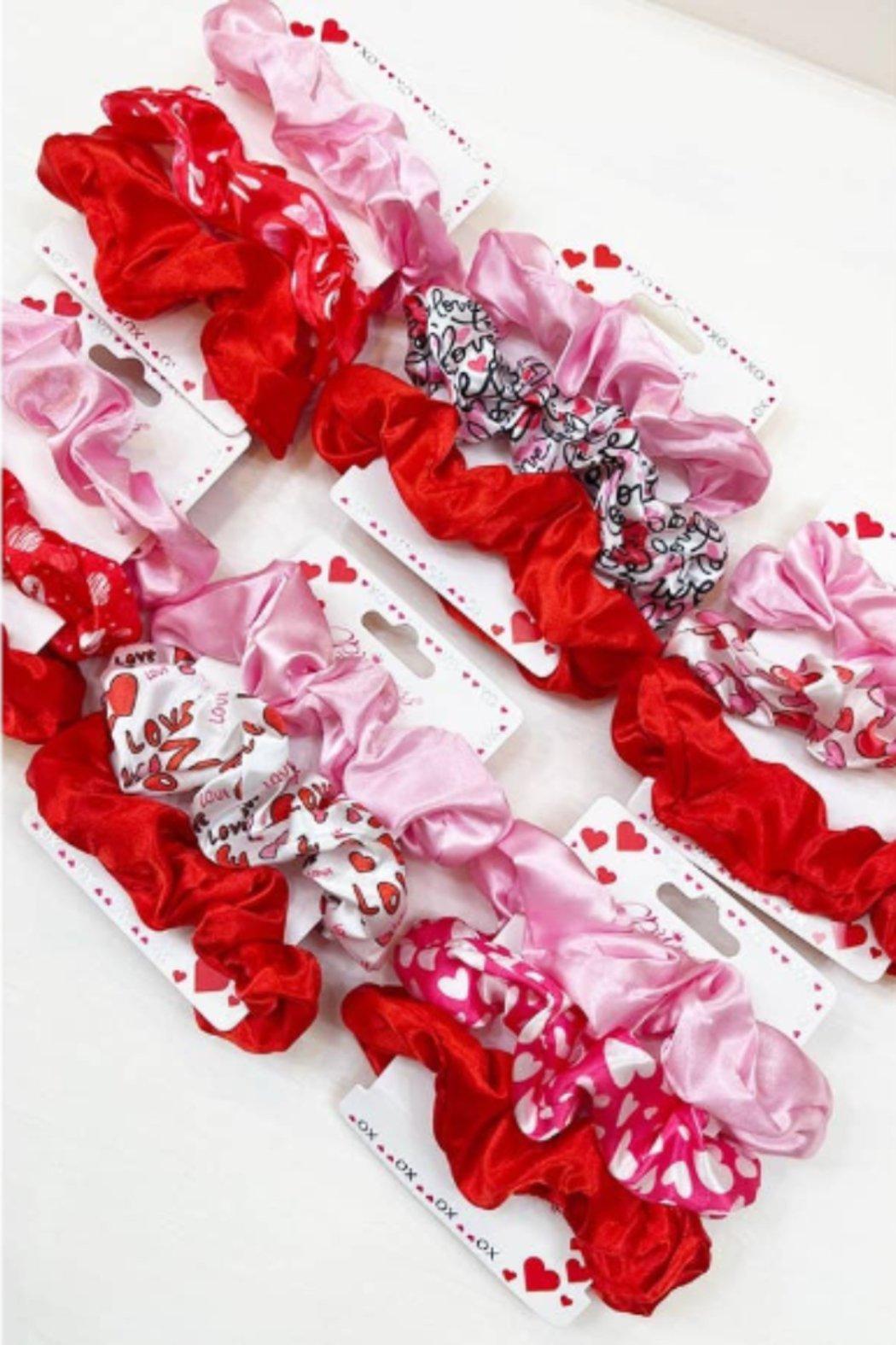 Heart Prints Pink Red Hair Scrunchie Set Product Image