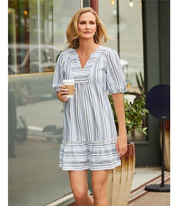 Nurture Stripe Print Elbow Sleeve V-Neck Short A-Line Dress Product Image