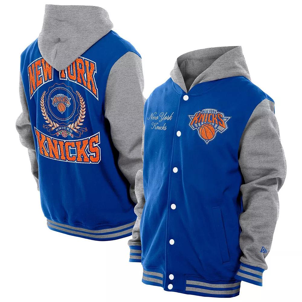 Men's New Era  Blue New York Knicks Throwback Prep Chenille Full-Snap Hooded Varsity Jacket, Size: Small Product Image