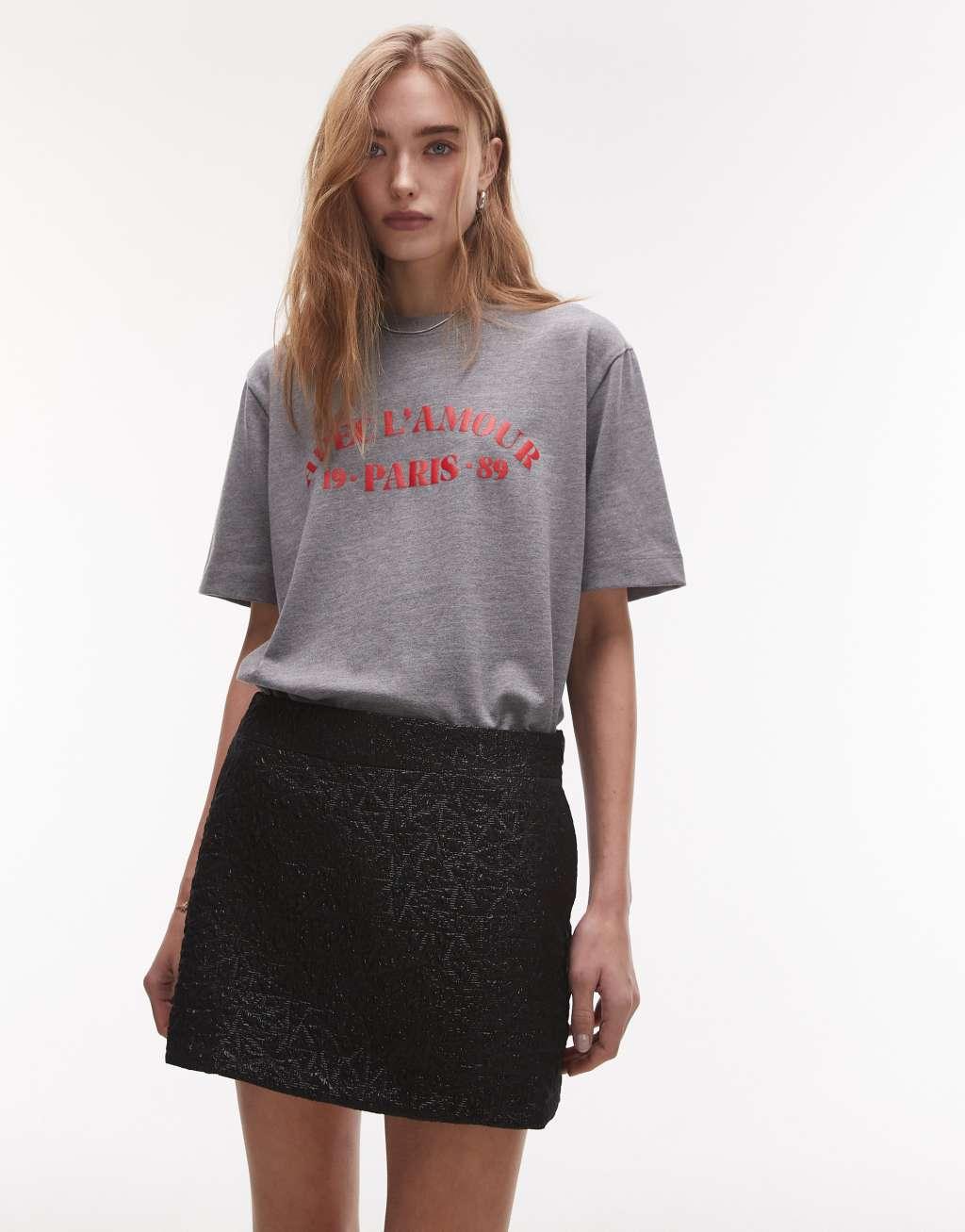 Topshop textured jacquard mini skirt in black Product Image