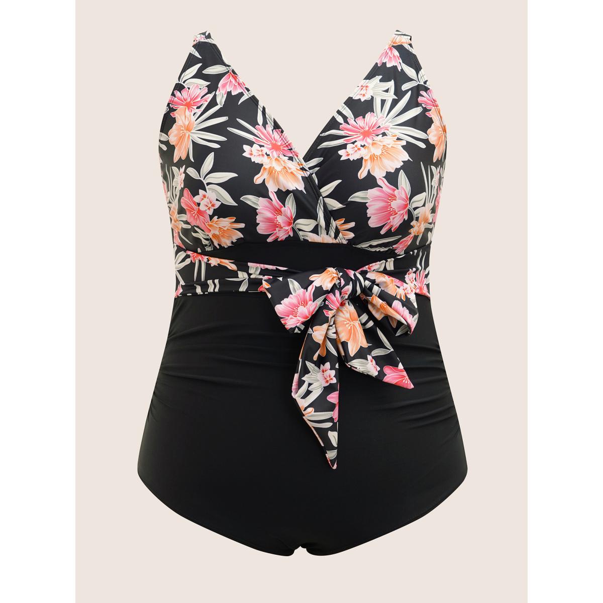 Plus Size Overlap Collar Floral Patchwork Tie Knot One Piece Swimsuit Women's Swimwear Black Beach Tie knot Curve Bathing Suits High stretch One Pieces BloomChic 22-24/3X Product Image