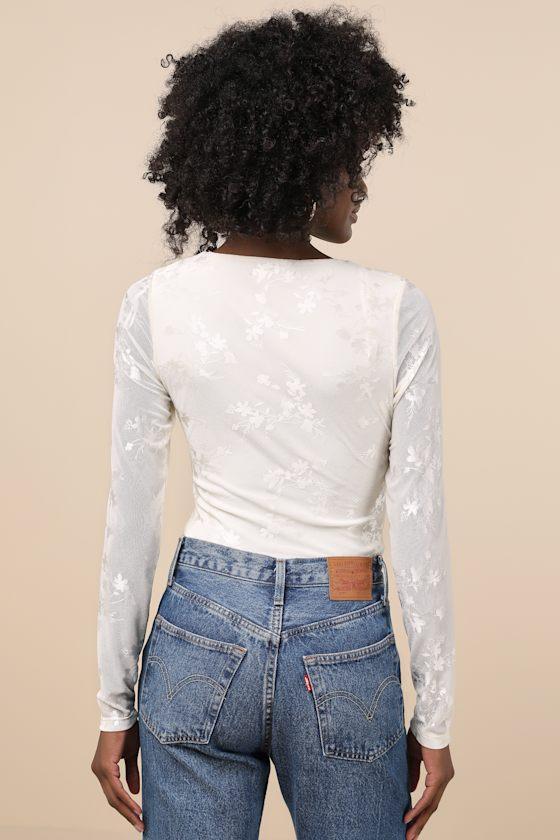 Chicly Mesmerizing Ivory Mesh Burnout Long Sleeve Bodysuit Product Image